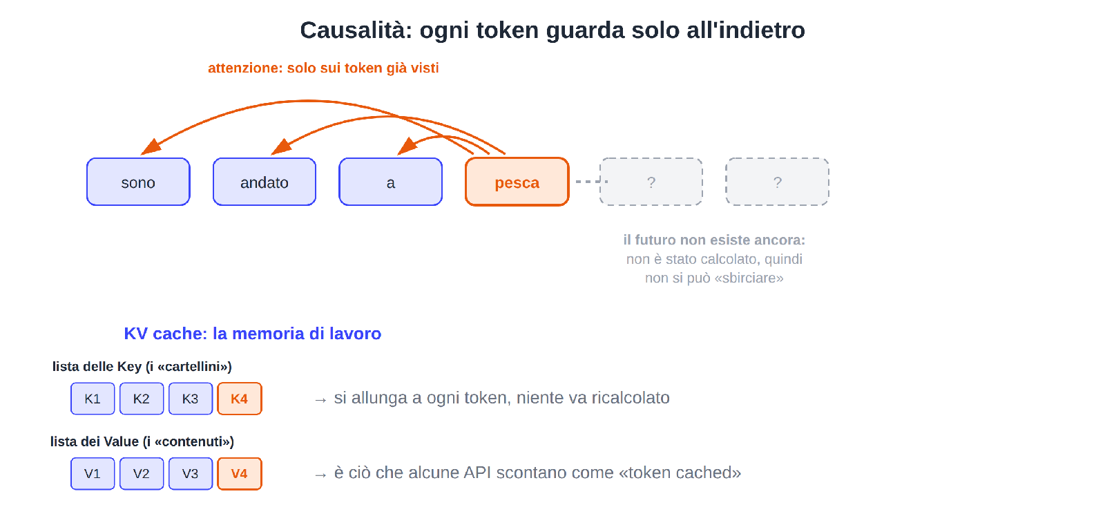 Figura 3: la causalità — ogni token presta attenzione solo a ciò che lo precede — e la KV cache, le due liste che fanno da memoria di lavoro della generazione.